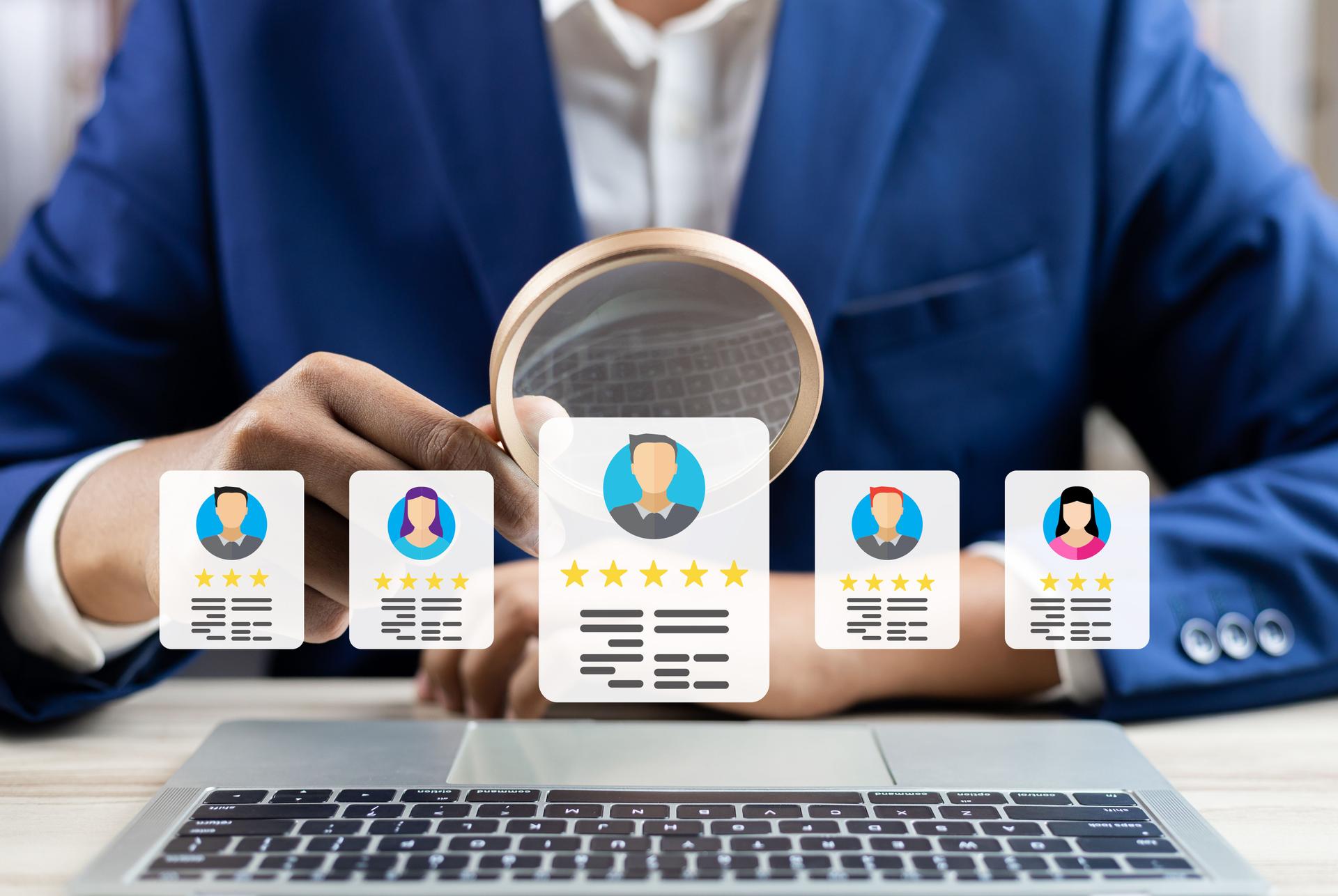 Human resource management technology (HR), Human resource manager touching human resource network structure and checks the CV online to choose the perfect employee for company, Effective recruitment.