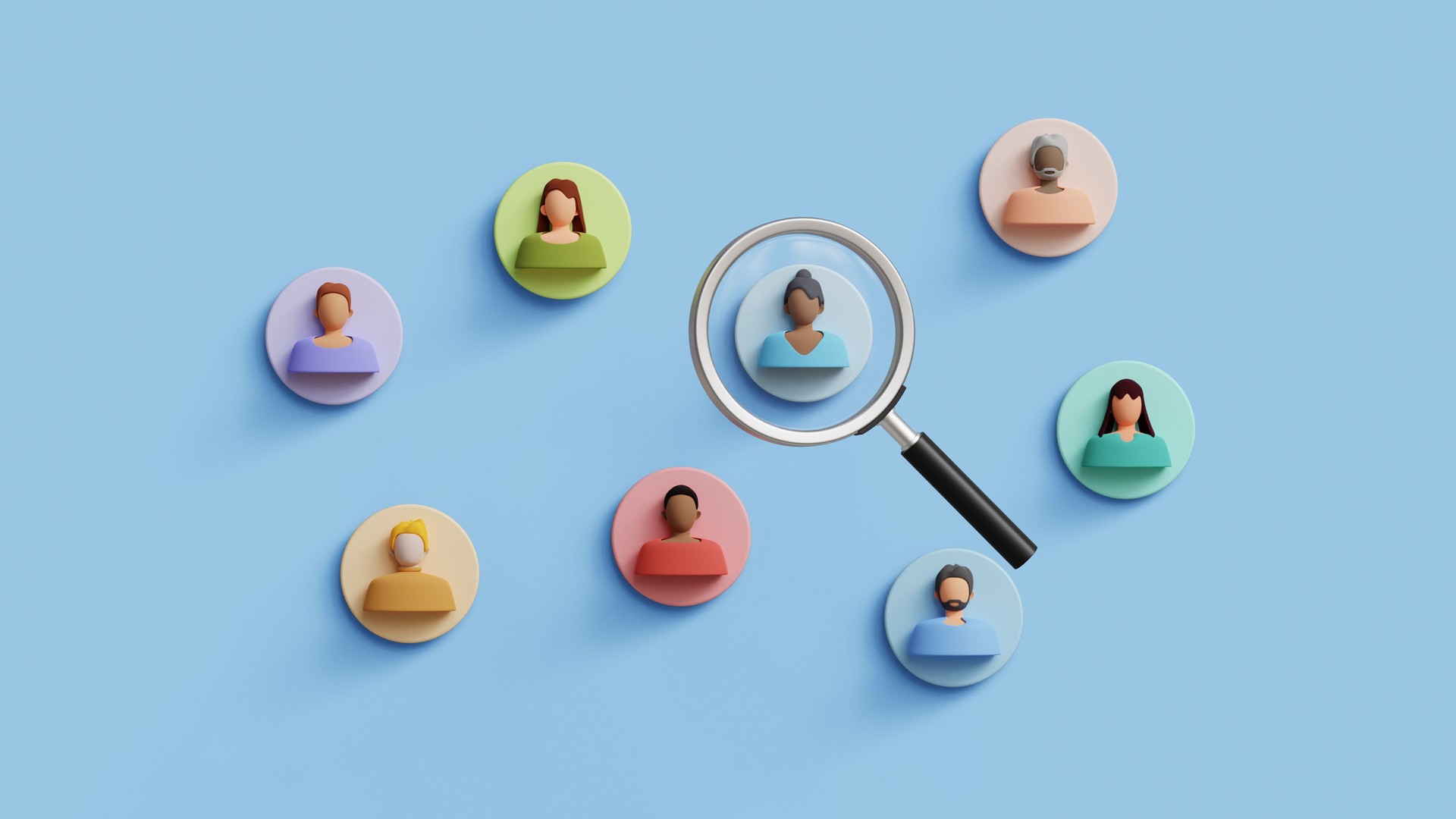 Human Resources concept. HR management, headhunting, job applicants, employee sourcing, applicant selection process. Magnifying glass searching for the ideal candidate. 3D illustration