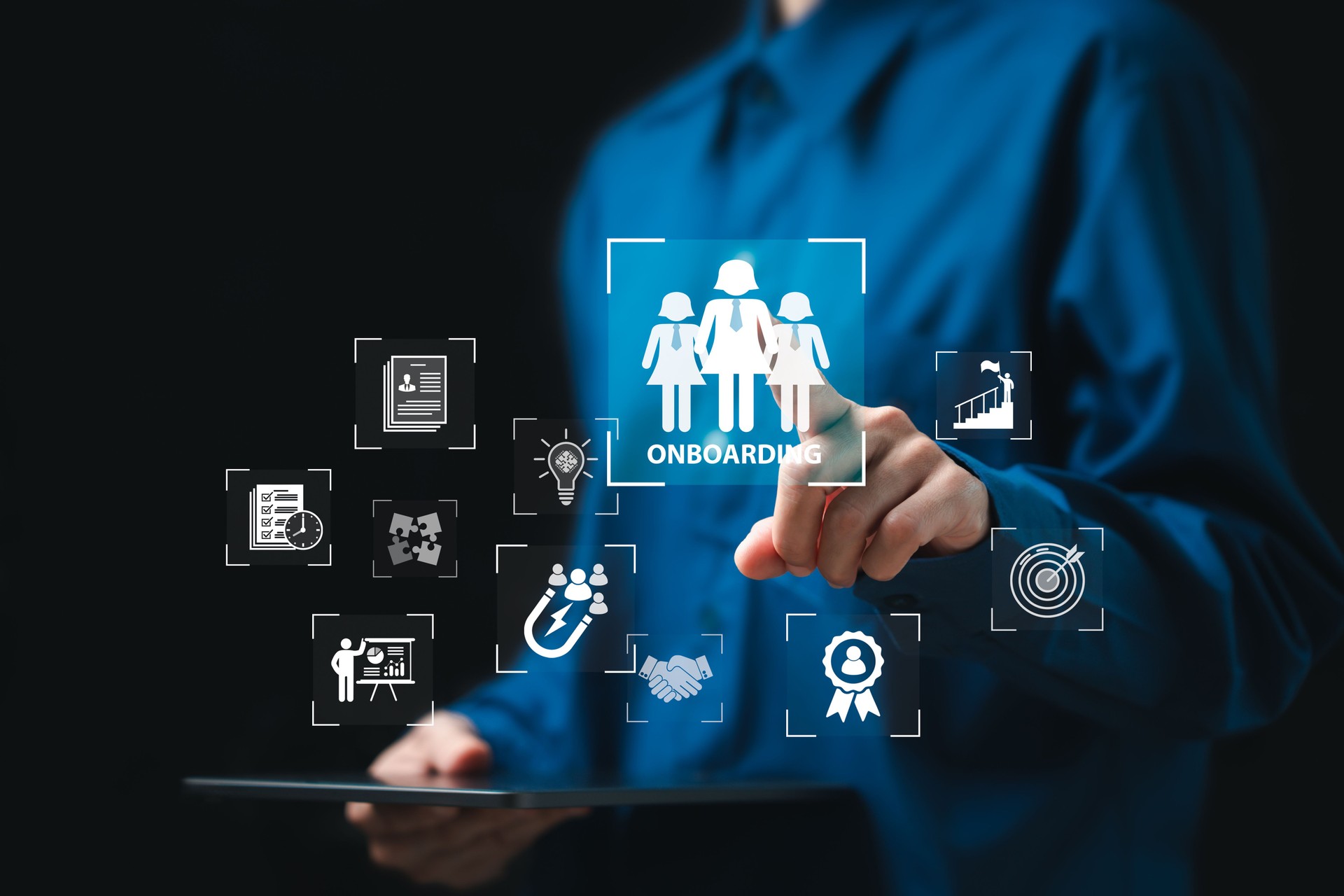 Onboarding, Digital Onboarding Talent Development concept, Businesswomen use technology onboarding, Modern business processes, New employee process search, Human resources business, Organization