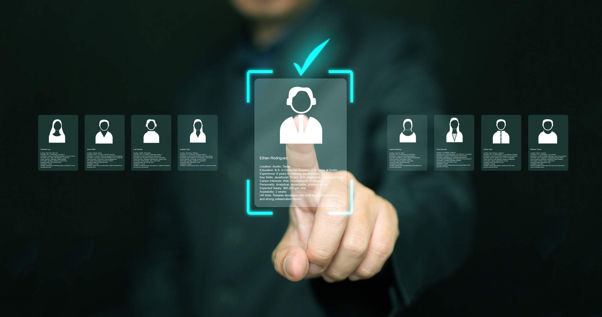 Businessman using digital interface to review candidate profiles and select the right person. AI recruitment, resume screening, HR technology, data-driven human resource management.